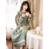 Green Fairycore Dress Autumn and Winter Artistic Retro Style Embroidered Mid-Length Long Sleeve Large Skirt