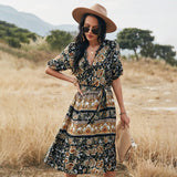 Russian Style Dress Bohemian V-neck A- line Dress Summer Leisure Vacation Style