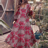 Red Peasant Dress Autumn Corset V-neck Printed Dress for Women