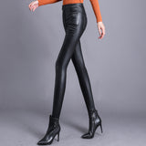 Black Leather Pants Matt Leather Pants Women's Autumn and Winter Fleece-Lined High Waist Tight Black Skinny Pants