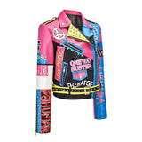 Graffiti PU Leather Jacket Heavy Industry Rivets Fashion Winter Punk Pu Jacket Short Slim-Fitting Biker Leather Coat