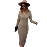 Russian Style Dress Tight Waist Autumn and Winter V-neck Knitted Dress