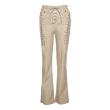Faux Leather Pants Summer High Waist Hollow out Strap Straight Ankle Tied Slim Fit Figure Flattering Leather Pants