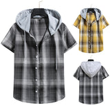 Men Hooldie Summer Men's Hooded Casual Plaid Short-Sleeved Shirt Top