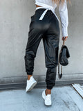 Leather Leggings Fall/Winter Mid Waist with Pockets Casual Long Leather Pants Women