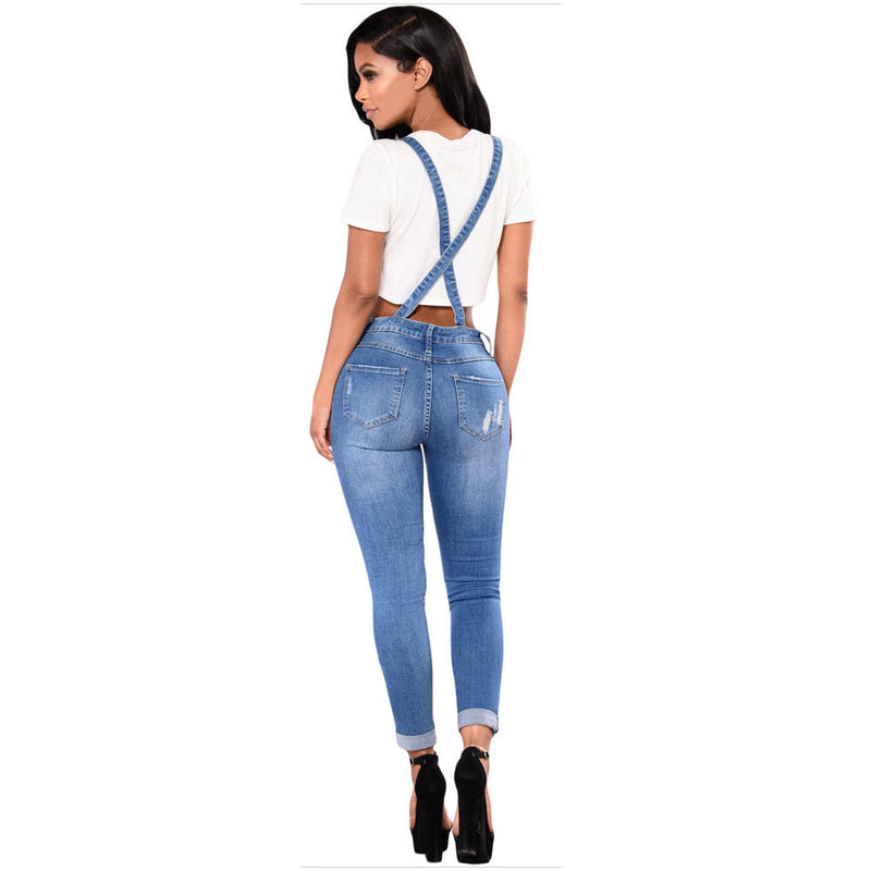 100 Cotton Jeans Women's Ripped Suspender Curling Jeans Cropped Pants