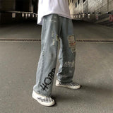 Anime Print Jeans Denim Pants Denim Loose Wide-Leg Straight Trousers Men