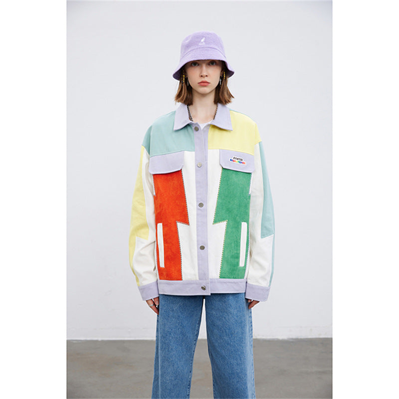 80's Colorful Leather Jacket Autumn Colored Mosaic Coat Unisex Style Retro Street Casual Top