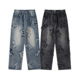 Men Fall Outfits Hip Hop High Street Distressed Letters Washed Denim Trousers