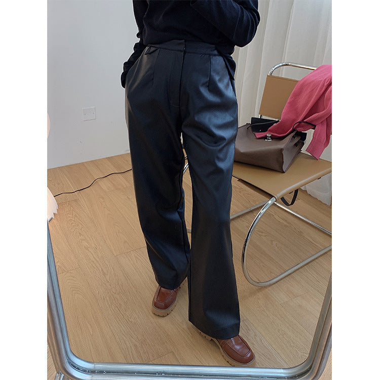 Faux Leather Pants Winter Vintage PU Leather Pants Fashionable High Waist Wide-Leg Straight Trousers Loose Trousers