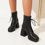 Coachella Festival Boots Spring Square Toe Laces Solid Color Waterproof Platform Thick Heel High Heel Short Boots