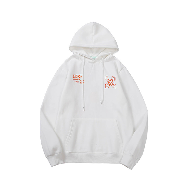 Autumn And Winter Joint Name Lightning Arrow Pattern Velvet Padded Hooded Sweatshirt Men And Women Same Style