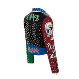 Azalea Wang Graffiti Moto Jacket Blue and Red Color Matching Leather Printed Half-Open Collar Punk Rivet Coat Short Slim-Fit Leather Coat Women