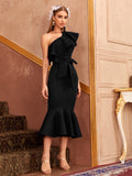 Bohemian Chic Wedding Dress Black Mid-Length Dress off-Shoulder Elegant Mid-Waist Dress