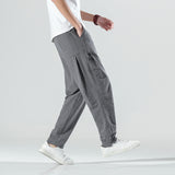 Men Casual Pants plus Size Loose Trousers Summer Men's Striped Casual Pants Loose Cotton Linen Fabric Retro Wide Leg Ankle-Tied Harem Pants