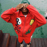 Kanye West Hoodie Kanye Coconut Big Talker Cpfm Fei Dong Smiley Face Puff Print Cardigan Zipper Hooded Hoodie Men
