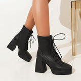 Coachella Festival Boots Spring Square Toe Laces Solid Color Waterproof Platform Thick Heel High Heel Short Boots