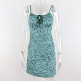 Green Fairycore Dress Summer Vintage Printed Low-Cut Lace Strap Dress