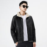 80's Leather Jacket Men's Leather Coat Winter Fleece-Lined Thick Fur Collar Cardigan Jacket Warm Coat