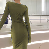 Green Fairycore Dress Fall Fashion Women's Wear round Neck Long Sleeve Narrow Slim Fit Slimming Dress