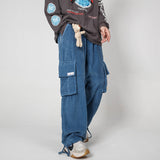 Mens Fall Outfits Corduroy Overalls Loose Straight Drawstring Ankle-Tied Wide-Leg Pants