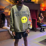 Kanye West Hoodie Coconut Smiley Face Puff Print Loose round Neck Sweater High Street Fog