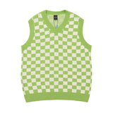 Mens Fall Outfits Vintage Contrast Color Loose Checkerboard Plaid Knitted Vest Sleeveless Sweater Vest