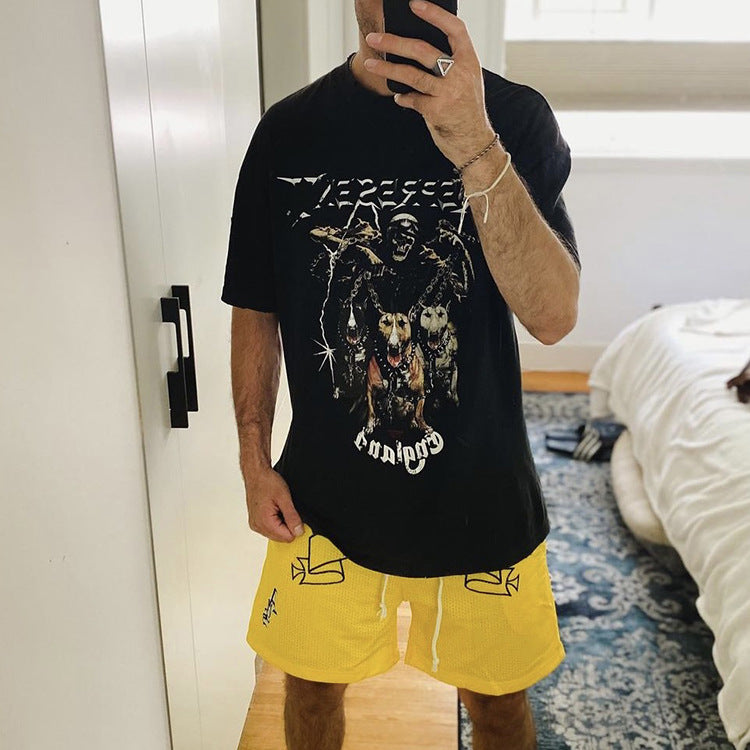 Present Letter Print T Shirt Present Retro High Street Soul Hound Vintage Washed Distressed Loose Couple Short Sleeve T-shirt Men