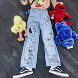 Anime Print Jeans Denim Pants Cartoon Printed Jeans Women Loose Straight Men