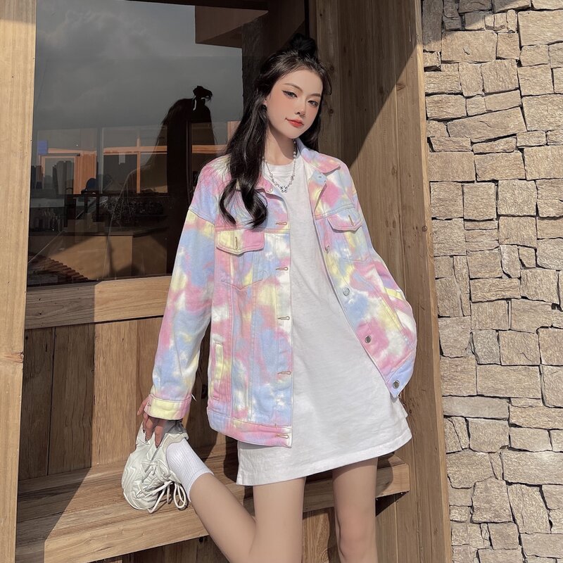 80's Colorful Leather Jacket Colorful Tie-Dyed Fried Street Denim Jacket for Women Spring and Autumn