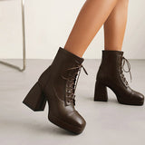 Coachella Festival Boots Spring Square Toe Laces Solid Color Waterproof Platform Thick Heel High Heel Short Boots