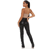 Faux Leather Pants Autumn Fashion Sexy Tight Pleated High Waist Stretch Split PU Leather Pants