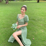 Green Fairycore Dress French Square Collar Floral Dress Summer Split Puff Sleeve Dress