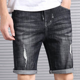 Mens Jean Shorts Summer Denim Shorts Men's Elastic Five-Point Pants Tether Loose Waist Trimming Pants
