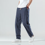 Men Casual Pants plus Size Loose Trousers Summer Men's Striped Casual Pants Loose Cotton Linen Fabric Retro Wide Leg Ankle-Tied Harem Pants