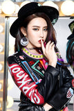 Graffiti PU Leather Jacket Autumn Fashion Letter Graffiti Contrast Color Rivets Motorcycle Leather Coat for Women