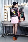 Graffiti PU Leather Jacket Autumn Fashion Letter Graffiti Contrast Color Rivets Motorcycle Leather Coat for Women