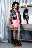 Graffiti PU Leather Jacket Autumn Fashion Letter Graffiti Contrast Color Rivets Motorcycle Leather Coat for Women