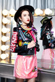 Graffiti PU Leather Jacket Autumn Fashion Letter Graffiti Contrast Color Rivets Motorcycle Leather Coat for Women