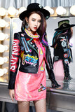 Graffiti PU Leather Jacket Autumn Fashion Letter Graffiti Contrast Color Rivets Motorcycle Leather Coat for Women