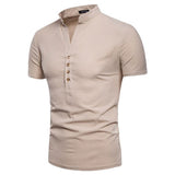 Men's Summer Solid Color Stand Collar Short Sleeve Shirt Fashion Trend Leisure Pullover Cotton Linen Shirt Men Shirt