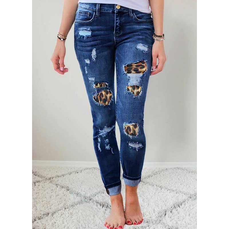 100 Cotton Jeans Women's Slim Fit Leopard Ripped Stretch Women's Jeans