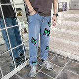 Butterfly Printed Jeans Men's Large Size Retro Sports Trousers Loose Straight Trousers Men Denim Pants