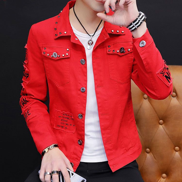 Spring Men's Yellow Studded Denim Jacket Studding Jean Coat Rivet Patchwork Jacket Top Denim Jacket Raccoon Casual Large Size Loose