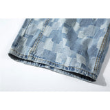 Mens Jean Shorts Retro Washed Plaid Denim Shorts Men's Summer Street Tide Brand Loose Casual Straight-Leg Shorts