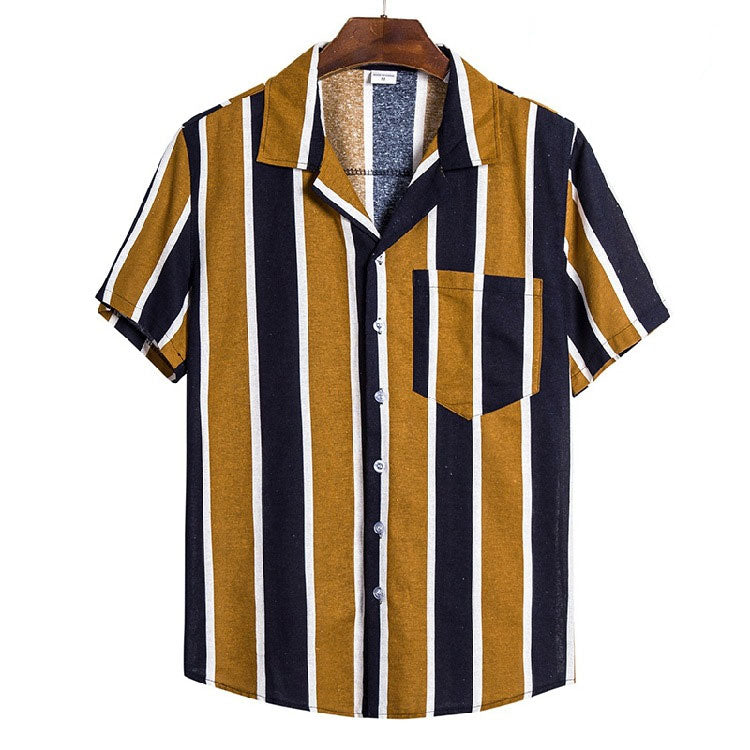 Men's Cotton and Linen Stripes Short Sleeve plus Size Sports Retro Fashion Trends Casual Men Shirt