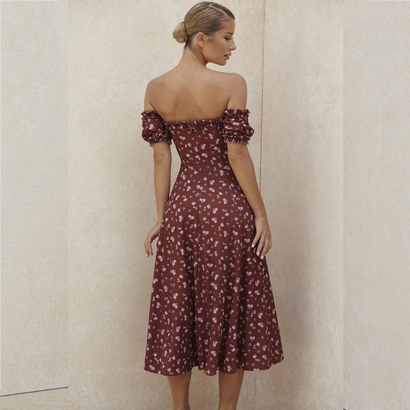 Sexy Slit Floral-Print Wooden Ear off-the-Shoulder Tube Top Dress