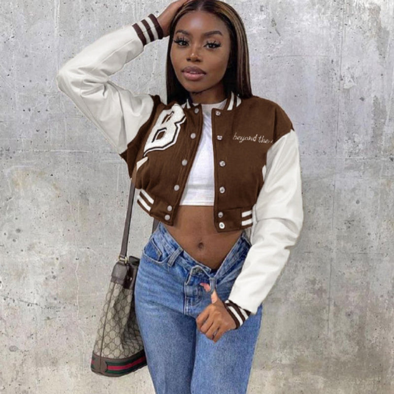 Cheerleader Letterman Jacket Colorblock Printed Leather Sleeve Long Sleeve