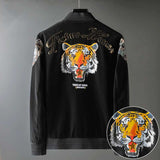 Hand Painted Leather Jackets Men's Autumn and Winter Tiger Head Embroidered Frosted PU Leather Jacket Men