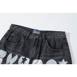 Men Jean Shorts Letter Printed Raw Edge Denim Shorts Men's Loose Street Straight Bermuda Shorts